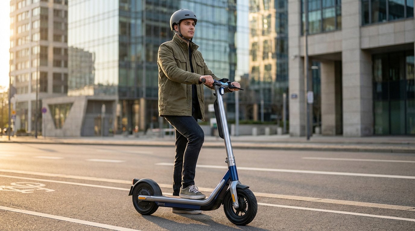 Jeune homme casqué sur une trottinette électrique bleue et argent, circulant en ville devant des bâtiments modernes.